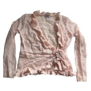 Monsoon Childrens 3D Floral Pink Mohair Wool Blend Cardigan Sweater Girls Ruffle